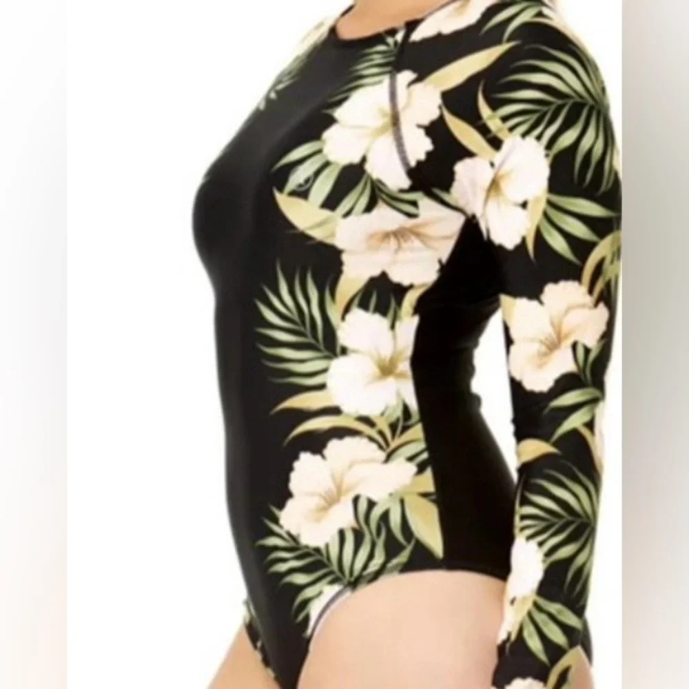 Hurley Black Floral Long Sleeve Rash Guard Swimsuit